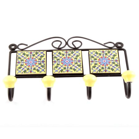 Yellow And Turquoise Floral Tiles Hooks